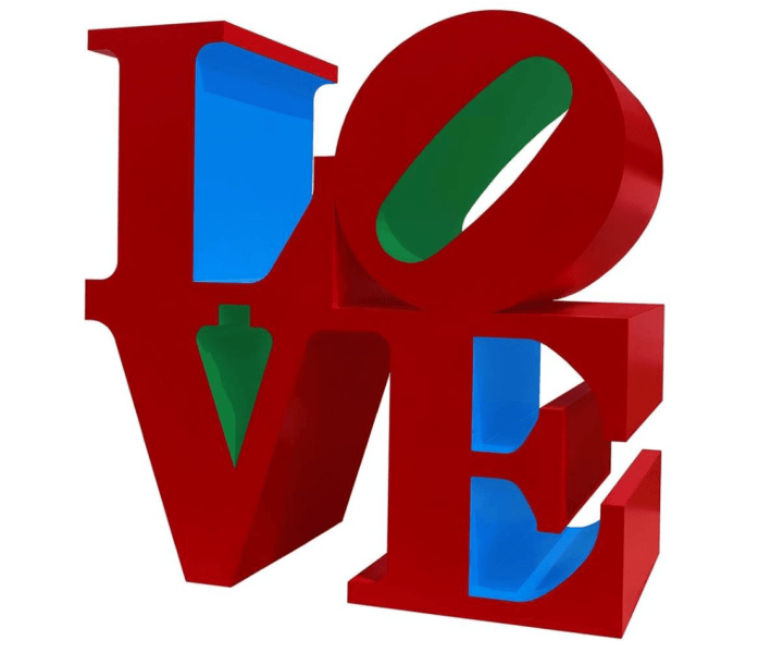 A red, blue, and green stacked LOVE sculpture; the letters L and O are above the V and E