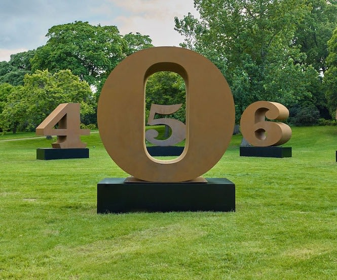 ZERO, front center, with FOUR, FIVE, and SIX behind, from Robert Indiana's 96-inch Corten-Ten Steel ONE Through ZERO (The Ten Numbers) on display at Frieze Sculpture London