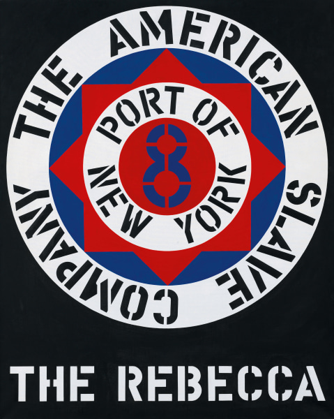 A painting with a black ground and its title, "The Rebecca," painted in white stenciled letters across the bottom of the canvas. Above the text is a large circle, at the center of which is a blue eight within a white ring with a the black text "Port of New York," within a red compass rose within a blue circle. Surrounding this is another white ring, containing the text, in black, "The American Slave Company."