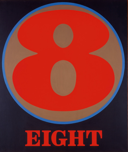 A black painting dominated by a red numeral eight within a brown circle with a blue outline. Below the circe the work's title, "Eight," is painted in red letters.
