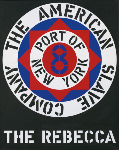 The Rebecca, a black painting with its title, "The Rebecca," painted in white stenciled letters across the bottom of the canvas. Above the text is a large circle, at the center of which is a blue eight within a white ring with a the black text "Port of New York," within a red compass rose within a blue circle. Surrounding this is another white ring, containing the text, in black, "The American Slave Company."
