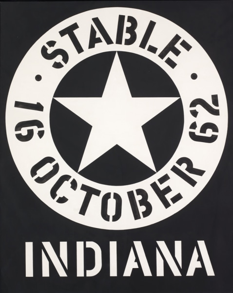 Stable, a black painting dominated by a white star within a white ring containing the black stenciled text "Stable 16 October 62." "Indiana" is painted in white stenciled letters across the bottom of the painting.