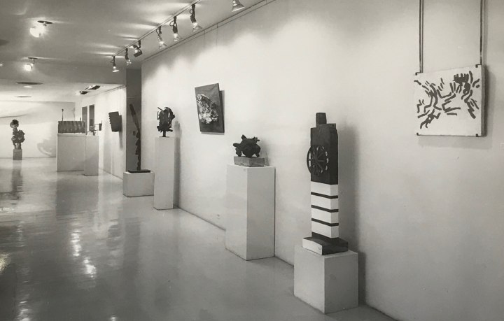 Installation view of Penthouse Exhibition: Sculpture at the Museum of Modern Art, with Indiana's sculpture Law visible second from the right