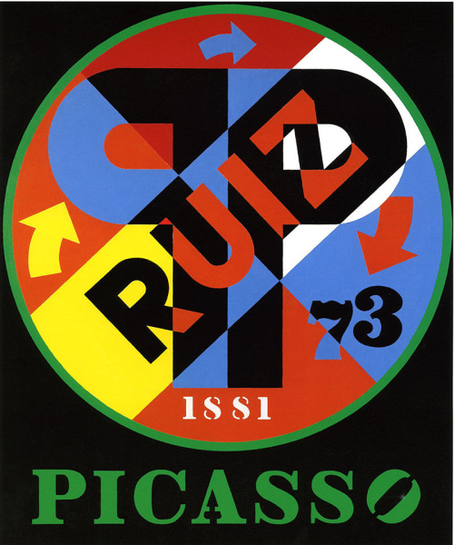 Picasso II, a 60 by 50 inch painting with a black ground and the word Picasso painted in green letters across the bottom of the canvas. Above, and occupying most of the canvas, is a circle with a green outline. Dominating the circle are two blue and black large letter "P"s, back to back. In a diagonal band across the circle and over the Ps is the name "Ruiz,"painted in black and red letters. The date 1881 is painted in white numbers at the bottom of the circle, and to the right is the date 73 in blue and black numbers, with a red arrow above it. A yellow arrow appears in the middle left side of the circle, and a blue arrow at the top of the circle. 