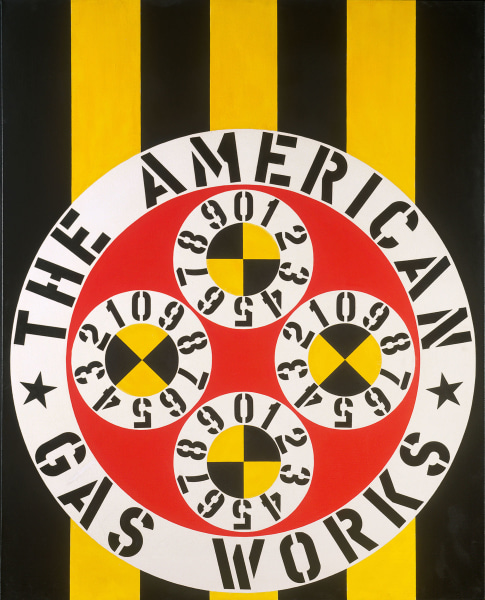 The American Gas Works, a painting of a large circular image against a background of yellow and black vertical stripes. A large red circle contains four smaller circles, each quartered into yellow and black diamonds and surrounded by white ring containing the numerals 0 through 9 painted in black. Surrounding the red circle is a white ring containing the painting's title "The American Gas Works," painted in black letters, and two small black stars.
