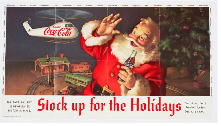 Exhibition announcement for Stock up for the Holidays at Pace Gallery, featuring Santa drinking a Coca Cola