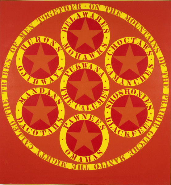 A red painting titled "The Calumet." A large circle containing seven smaller circles dominates the canvas. The seven smaller circles each hold an orange star, and are surrounded by the names of different Native American tribes painted in red stenciled letters in an outer yellow ring.  A yellow ring encloses the large circle, and contains the red stenciled text "On the mountains of the prairie Gitche Manito the mighty called the tribes of men together."