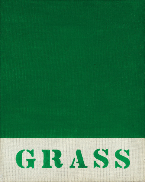 A small canvas dominated by a green field of color. The bottom quarter of the canvas contains the painting's title, Grass, in green stenciled letters against the white canvas.