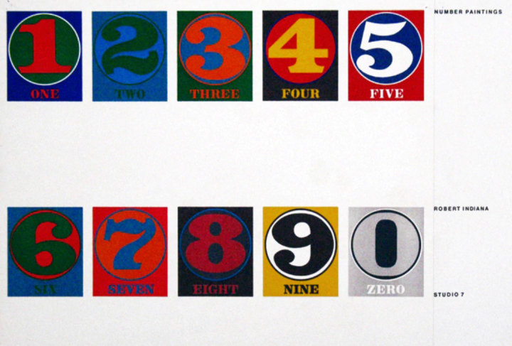 Page from the brochure for the exhibition Robert Indiana: Number Paintings at Studio 7 at the Württembergischer Kunstverein, Stuttgart, Germany, featuring reproductions of the paintings One through Zero.