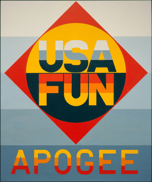 A painting with a ground of five gray stripes going from light to dark. In the bottom stripe is the painting's title, in yellow, orange and red striped letters. Occupying the top 4/5 of the canvas is a red diamond with a circle - the top half is yellow with the text USA in white, grey and black stripes, the bottom half is black with the text fun in red, orange and yellow stripes