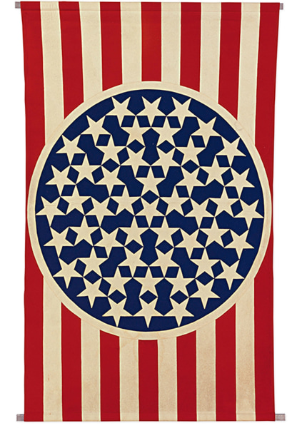 A banner depicting a stylized version of the American flag. The ground of the banner consists of 13 red and white stripes. In the center of the banner is a blue circle with a white outer band, containing 51 white stars.