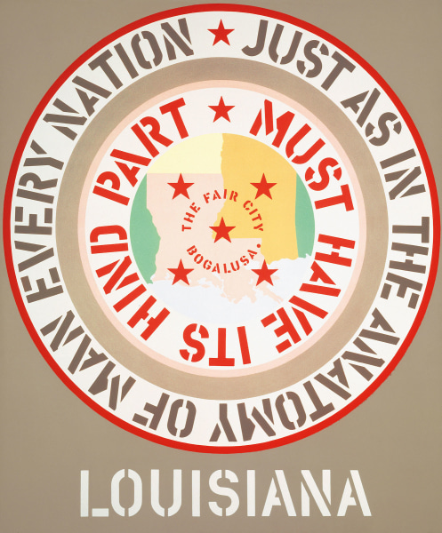 A beige painting with the title, Louisiana, painted in white stenciled letters across the center bottom edge of the canvas. Above the title and dominating the canvas is a large circle consisting of a pink image of the state of Louisiana in the middle, with "The Fair City Bogalusa" shown on the map. Around this image is a white ring with stenciled red text surrounded by a beige ring and another white ring with brown stenciled text. The text reads, starting in the outer ring, "Just as in the anatomy of man every nation," and in the inner ring "must have its hind part."