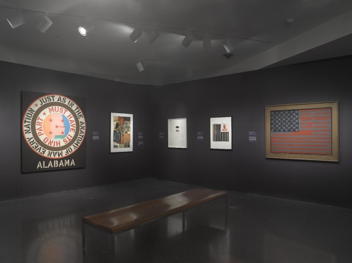 Installation view of Witness: Art and Civil Rights in the Sixties at the Brooklyn Museum including Indiana's painting Alabama