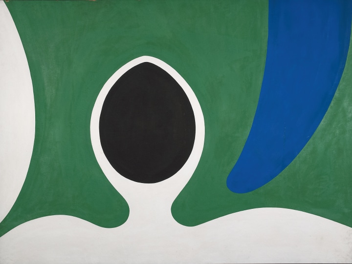 Abstract painting with a black egg shape on a canvas with green, blue, and white shapes.