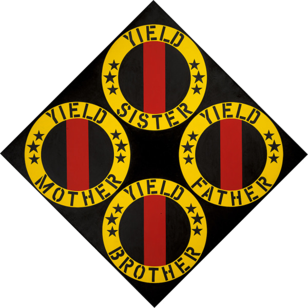 The Black Yield Brother III, a black diamond shaped painting containing four black circles with a red vertical band surrounded by a yellow ring containing black text and six small black stars. The text in each ring reads, starting a top and going clockwise, "Yield Sister," "Yield Father," "Yield Brother," and "Yield Mother."