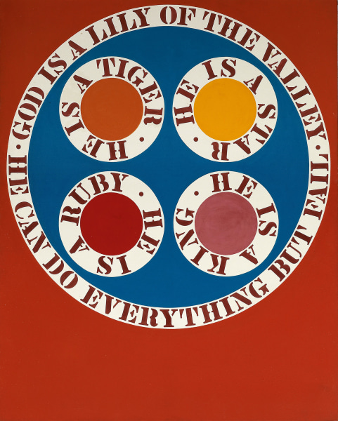 A painting titled God Is a Lily of the Valley, with a large blue circle against a red background. Within the circle are four other circles enclosing text around a white outer ring. The text reads "He is a star," "He is a king," "He is a ruby," and "He is a tiger." A white ring around the larger circle contains red stenciled text that reads "God is a lily of the valley. He can do everything but fail."