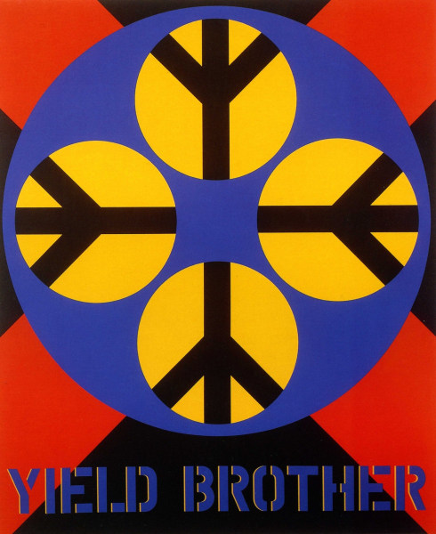 A painting with a red X against a black ground. On top of the X is a large blue circle containing four yellow circles each with a black peace sign. The work's title, "Yield Brother," appears in blue stenciled letters across the bottom of the canvas.