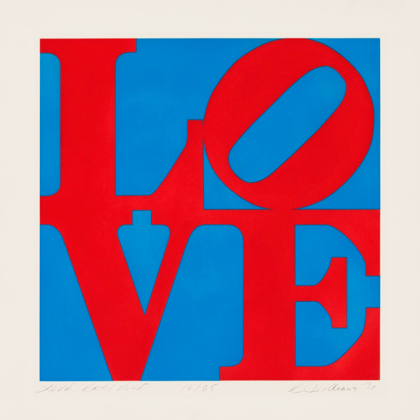 A LOVE print with the red letters L and a tilted O stacked above the letters V and E, against a blue background.