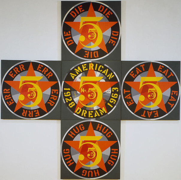 The Demuth American Dream No. 5, a cross shaped painting made up five panels, each with a dark gray ground and holds a three yellow number fives in three sizes against a red star. Each panel has a black ring of text around the fives. The central ring has the text American Dream and the dates 1928 and 1963 in yellow. Each other ring contains a word painted in red which appears five times, in between each arm of the star. The word in the top panel is DIE, in the right panel it's EAT, in the lower panel HUG, and in the left panel ERR