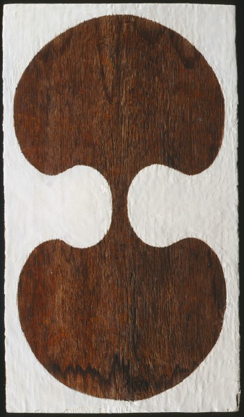 Ginkgo, A mirrored ginkgo leaf form on a plywood and gesso panel