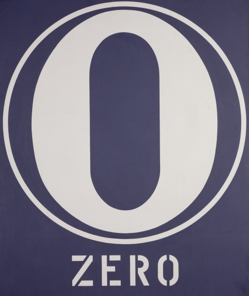A gray canvas dominated by a white numeral zero within a circle with a white outline. Below the circe the work's title, "Zero," is painted in white letters.