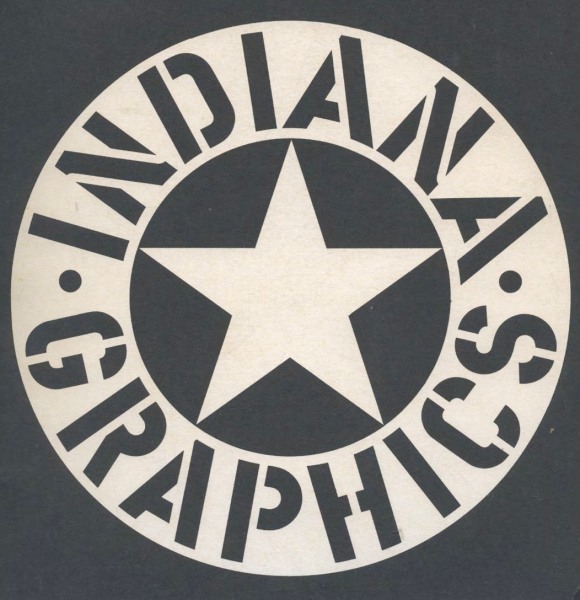 Black and white cover of the exhibition catalogue for Robert Indiana: Graphics. A star is surrounded by a ring with the stenciled text "Indiana Graphics."