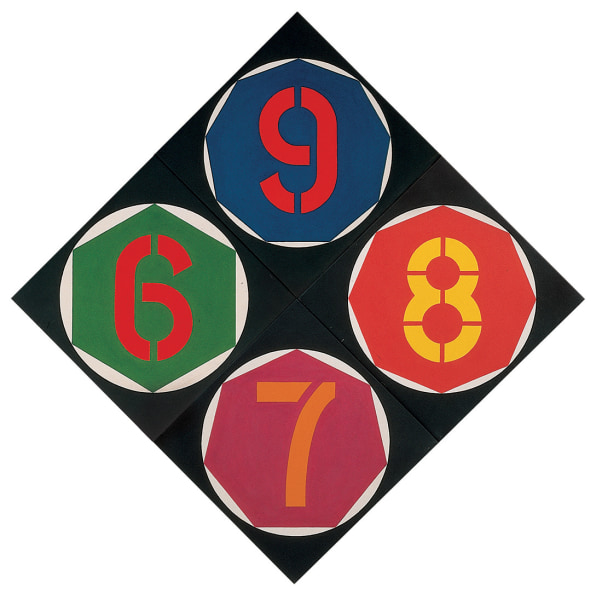 A diamond shaped painting with four numbers, each within a polygon of the corresponding number of sides. In the upper corner is a red nine within a blue nonagon; in the right side is a yellow eight within a red octagon, in the bottom is an orange seven within a magenta heptagon, and in the left is red six within a green hexagon.