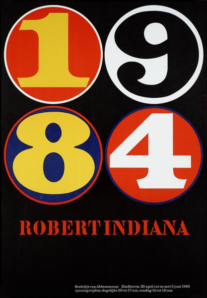 Robert Indiana exhibition poster, with the numbers one, nine, eight, and four, each in a circle.