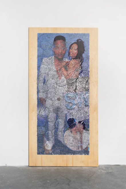 Wilmer Wilson IV: His 2, 2017, staples and pigment print on wood, 96 by 48 by 1½ inches. 