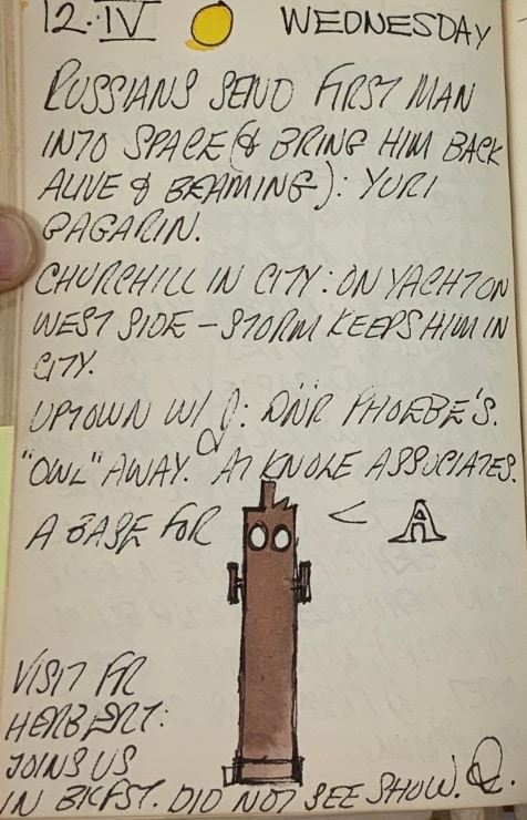 Journal page for April 12, 1961, with a color sketch of the sculpture Ahab