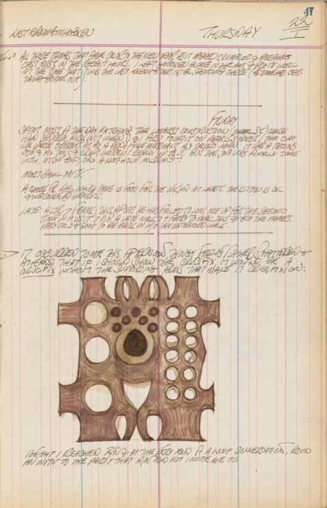 Journal page for January 22, 1959, and January 22–23, 1960 featuring text and a partial color sketch of the drawing Stavrosis