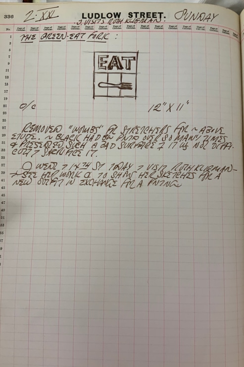 Journal page for December 2, 1962, with a black and white sketch of the painting Eat. The painting consists of the word Eat above a fork, the tines facing to the right, against a striped ground
