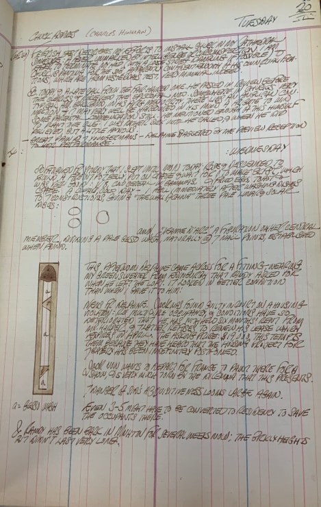 Journal page for January 20, 1959, and January 20, 1960 with a sketch of an early version of the sculpture Jeanne d'Arc