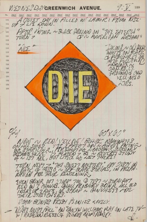 Journal page for May 9, 1962, with a color sketch of the The Red Diamond Die panel from the diptych The Green Diamond Eat/The Red Diamond Die