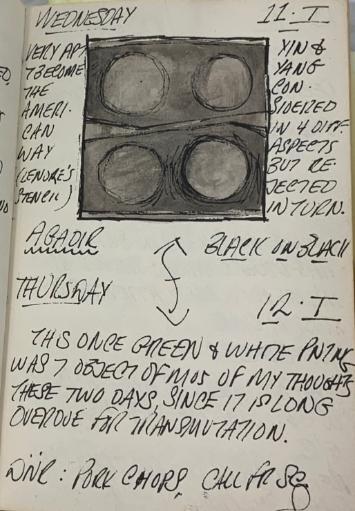Journal page for January 11–12, 1961, with a sketch of Agadir, and early version of The American Dream, I
