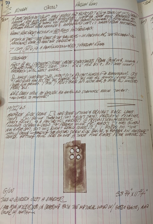 Journal page for February 9, 1959, and February 9–10, 1960, with a color sketch of an early state of the sculpture Pair