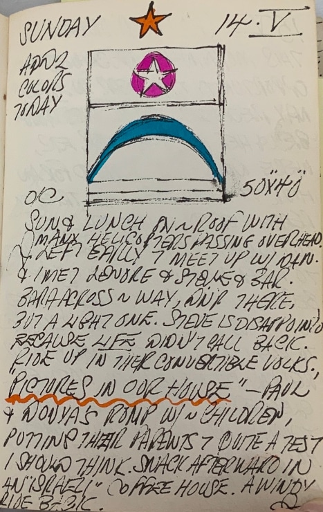Journal page for May 14, 1961, with a color sketch of an early stage of the painting Le Premier Homme