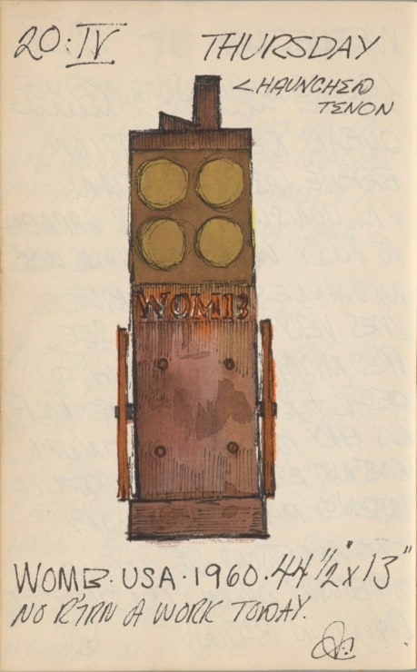 Journal page for April 20, 1961 with text and a large color sketch of the sculpture Womg