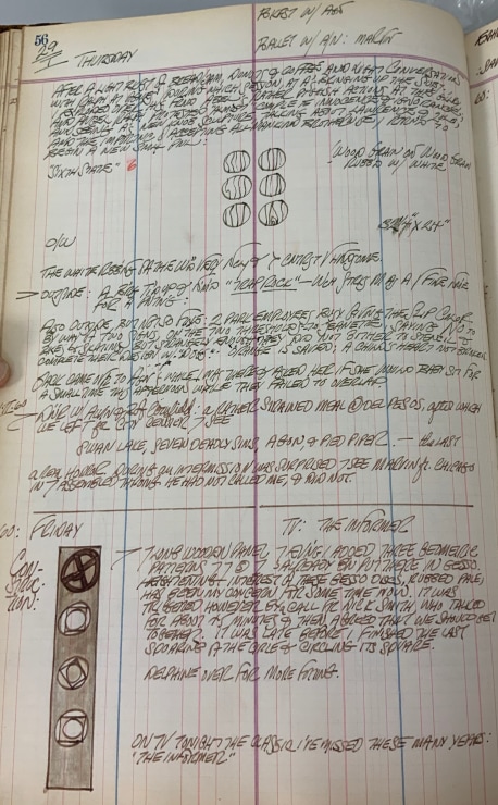 Journal page for January 29, 1959, and January 29, 1960 with a sketch of the six orbs from the painting Sixth state and a sketch of an early state of the sculpture Four