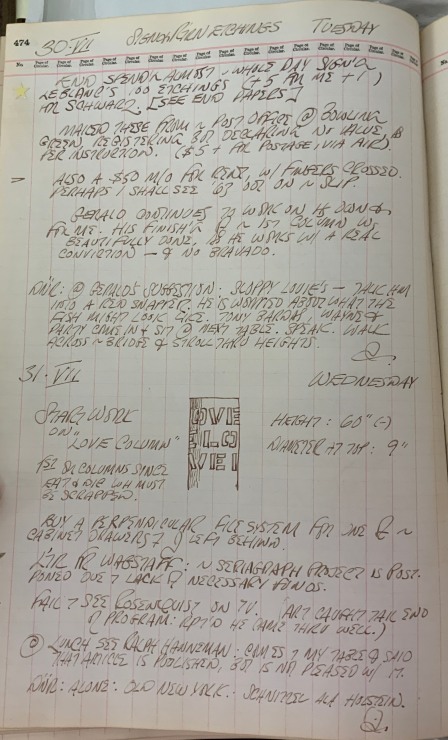 Journal page for July 30–31, 1963 with a sketch of a detail of Column Love