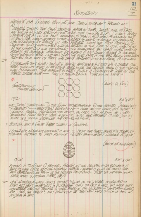 Journal page for January 10, 1959, with a sketch of the orbs from Nine Golden Orbs, and a sketch of egg shape for an unknown painting