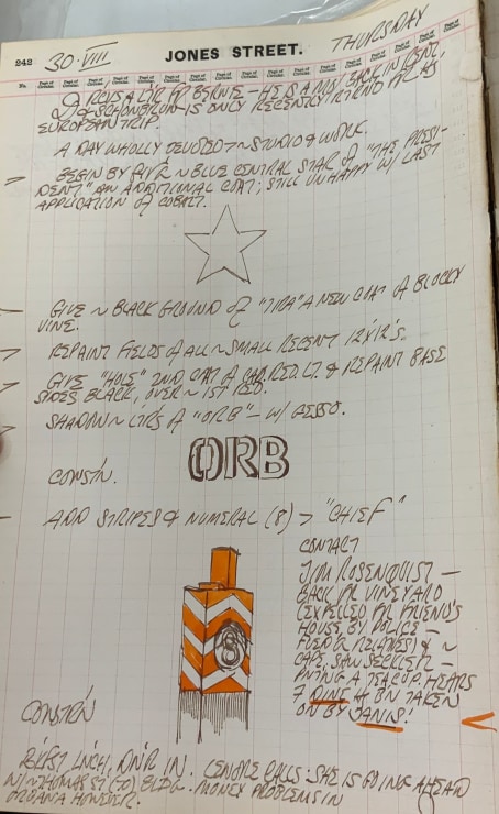 Journal page for August 30, 1962 with a color sketch of the top part of the sculpture Chief