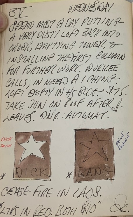 Journal page for May 3, 1961, with color sketches of the paintings Dick and Bang
