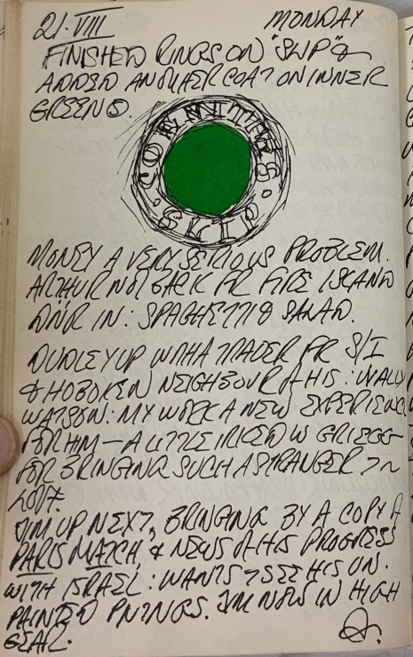 Journal page for August 21, 1961, with a sketch of detail from the painting The Slips