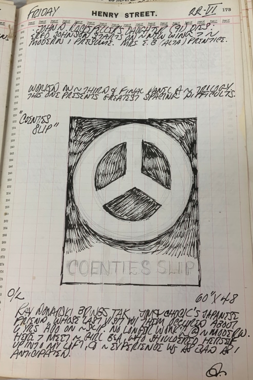Journal page for June 22, 1962, with a black and white sketch of an early state of the Coenties Slip panel from The Melville Triptych