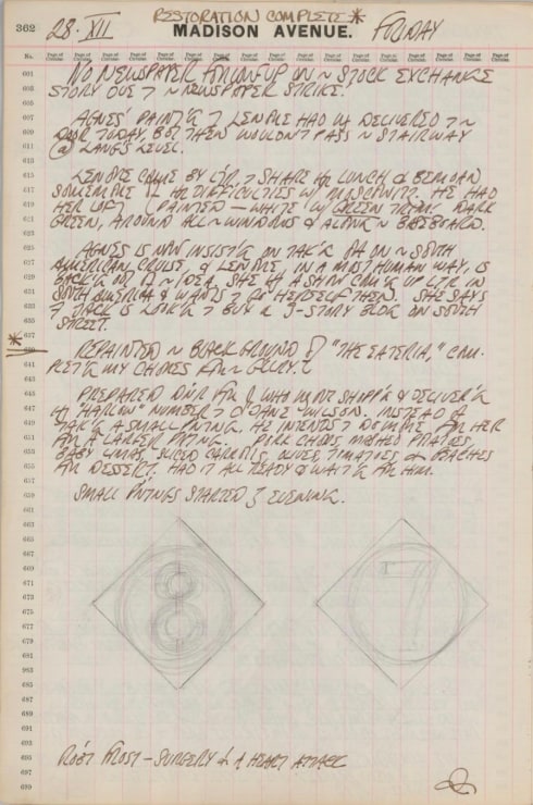 Journal page for December 28, 1962, with sketches of a diamond 8 painting and a diamond 7 painting