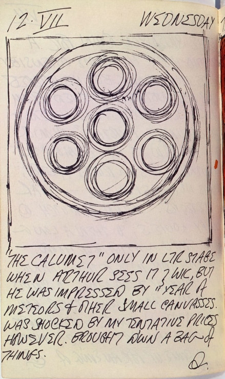 Journal page for July 12, 1961, with a black and white sketch of an early state of the painting The Calumet