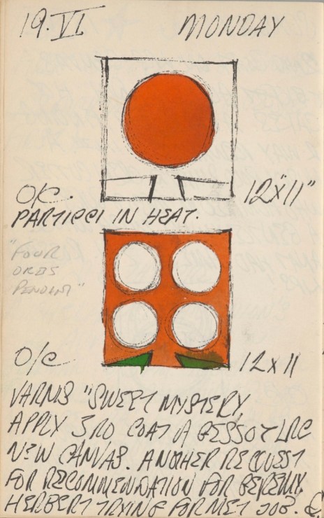 Journal page for June 19, 1961 with color sketches of two small orb paintings