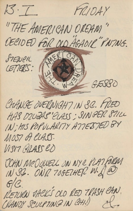 Journal page for January 13, 1961, with a color sketch of a detail of the painting The American Dream, I