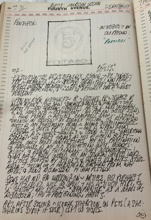 Journal page for February 7, 1962, with a black and white sketch of an early stage of the painting Polygon: Pentagon